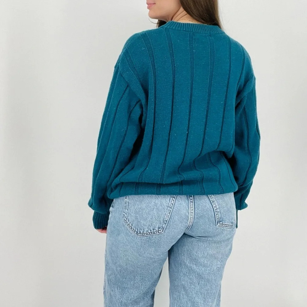 vintage retro slouchy ribbed ramie cotton blend crewneck sweater turquoise blue - Picture 4 of 6